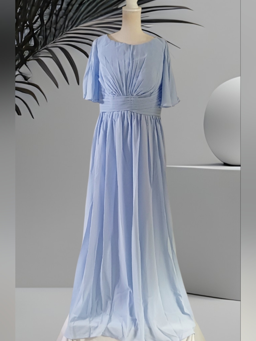 Graceful Lite Blue Pleated Midrif Flutter Sl. Mother of The Bride Maxi Gown 2X